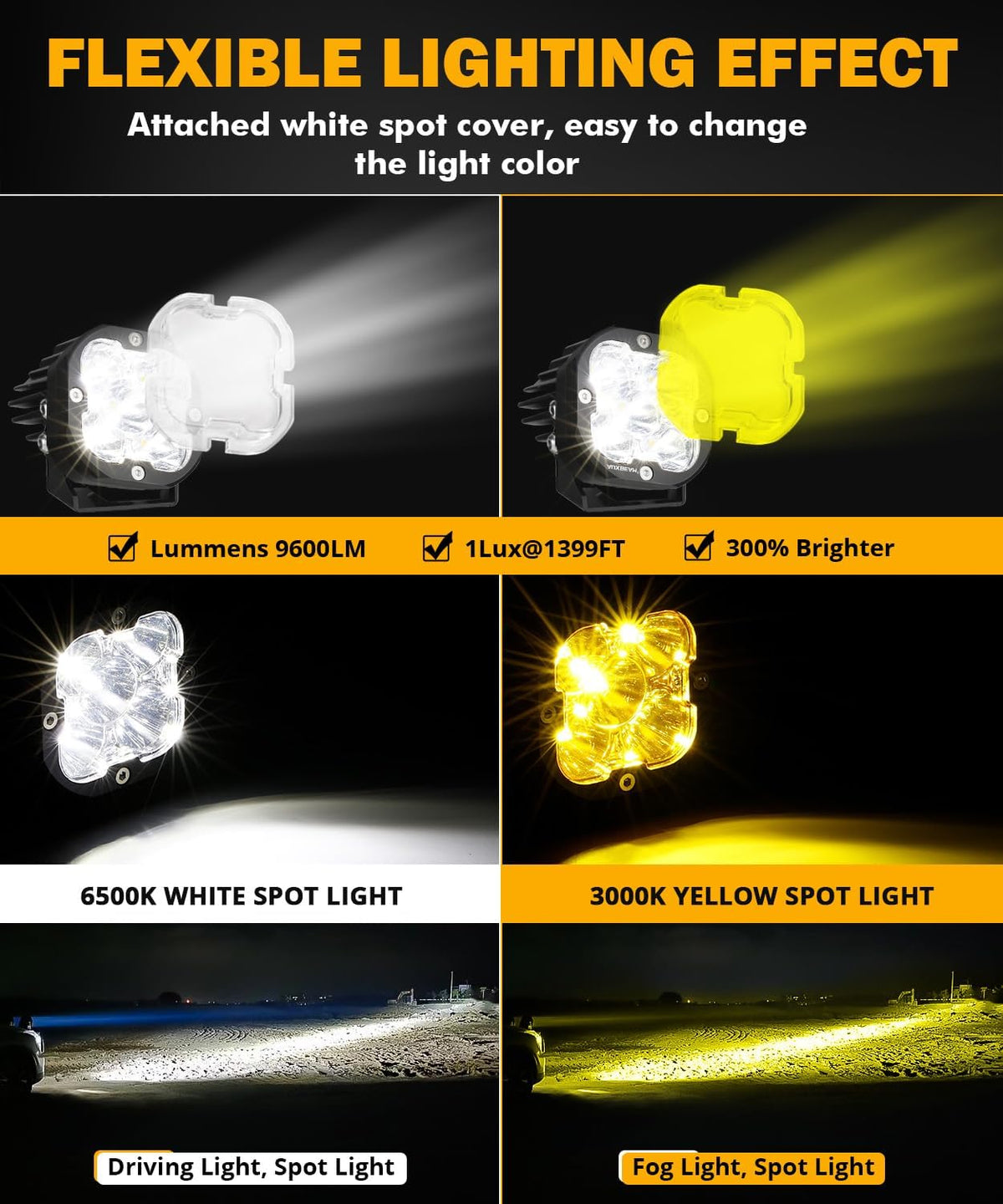 Auxbeam 3 Inch LED Pods, XP-Ultra Series Offroad LED Cube Light, 80W 9600LM Spot Beam White Spotlight Amber Fog Ditch Lights Auxiliary Driving Lights for 4×4 Jeep Truck ATV UTV, Pair