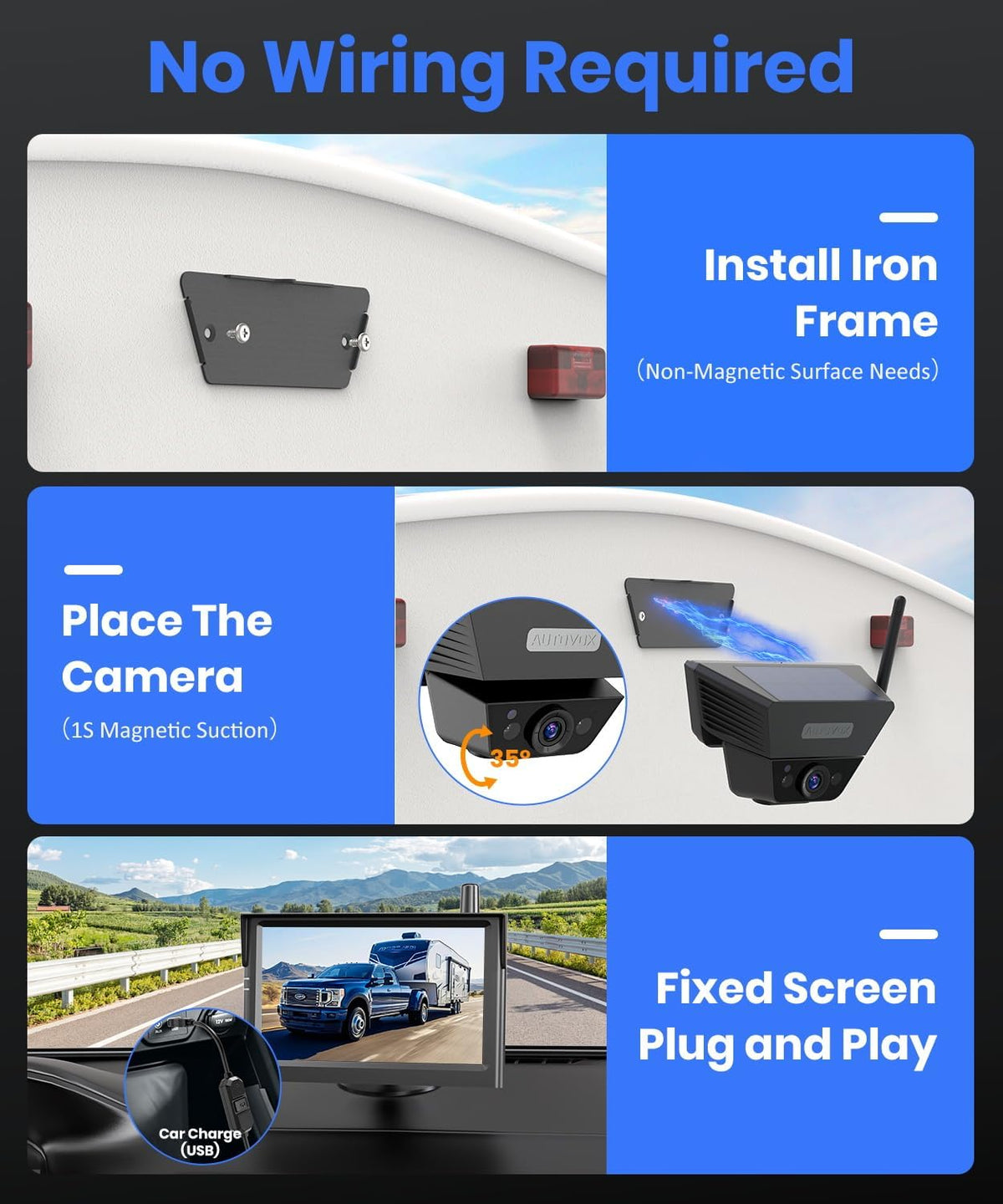 AUTO VOX Wireless Backup Camera Solar Magnetic: Portable Storage Bag Include,1-Min Easy Installation,5" 1080P Monitor, 380FT Signal Stable Coverage Back Up Camera for Truck, SUV, RV,Trailer, Van