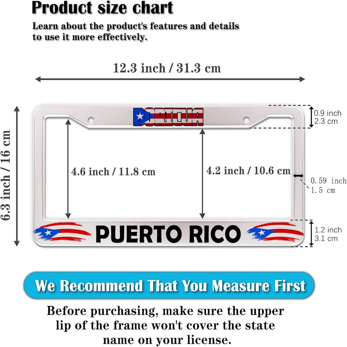 License Plate Holder for Women Multicolor License Plate Frames for Men Boricua Puerto Rico Aluminum Metal Car Accessory 2 Pack with Screw Covers Set