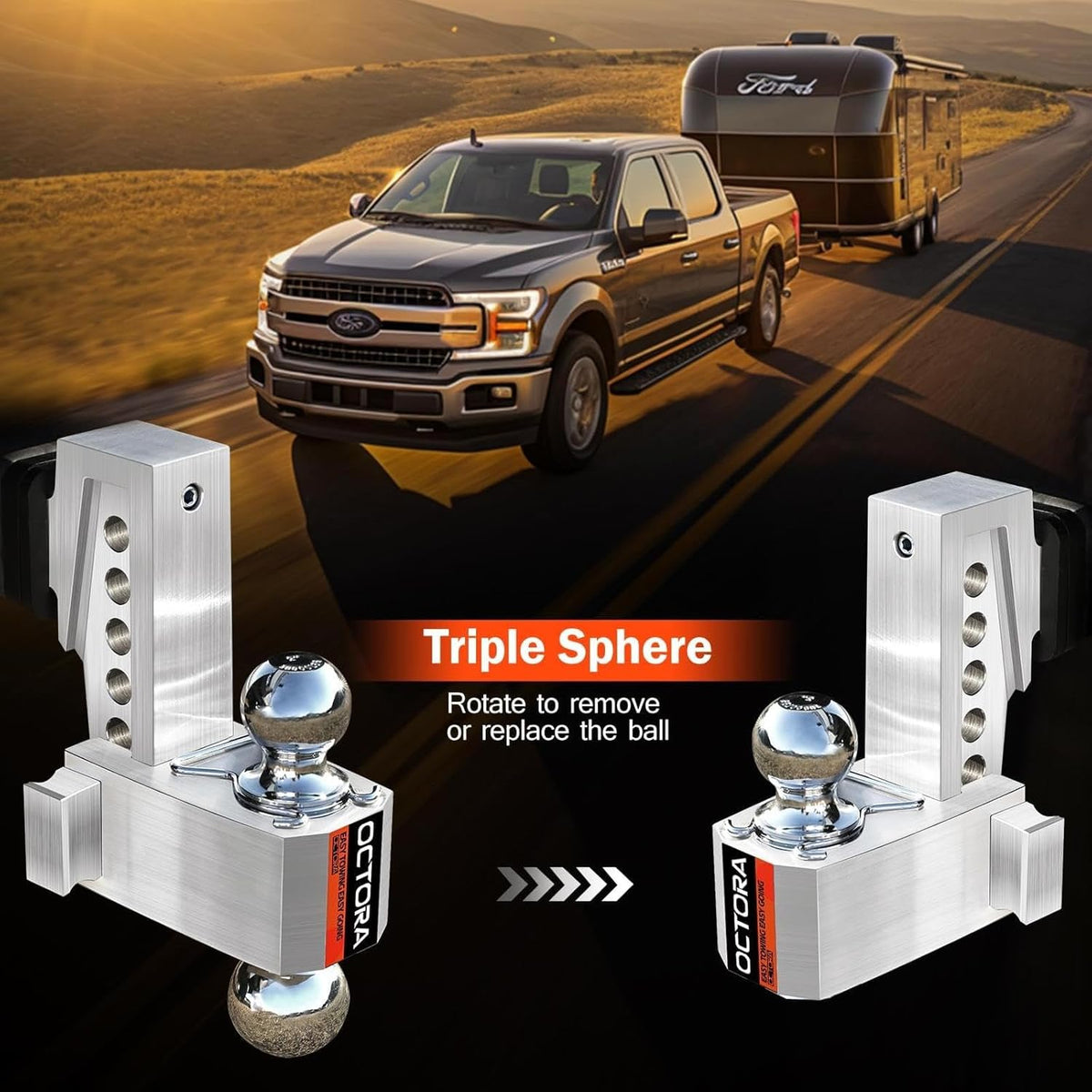 Adjustable Trailer Hitch (Fits 2-Inch Receiver) - Aluminum Tow Hitch with 6-Inch Drop/Rise for Truck (12,500 LBS GTW) - Double Anti-Theft Locking Hitch Pins (Silver, 2.0inch-6Drop-Tri Ball)