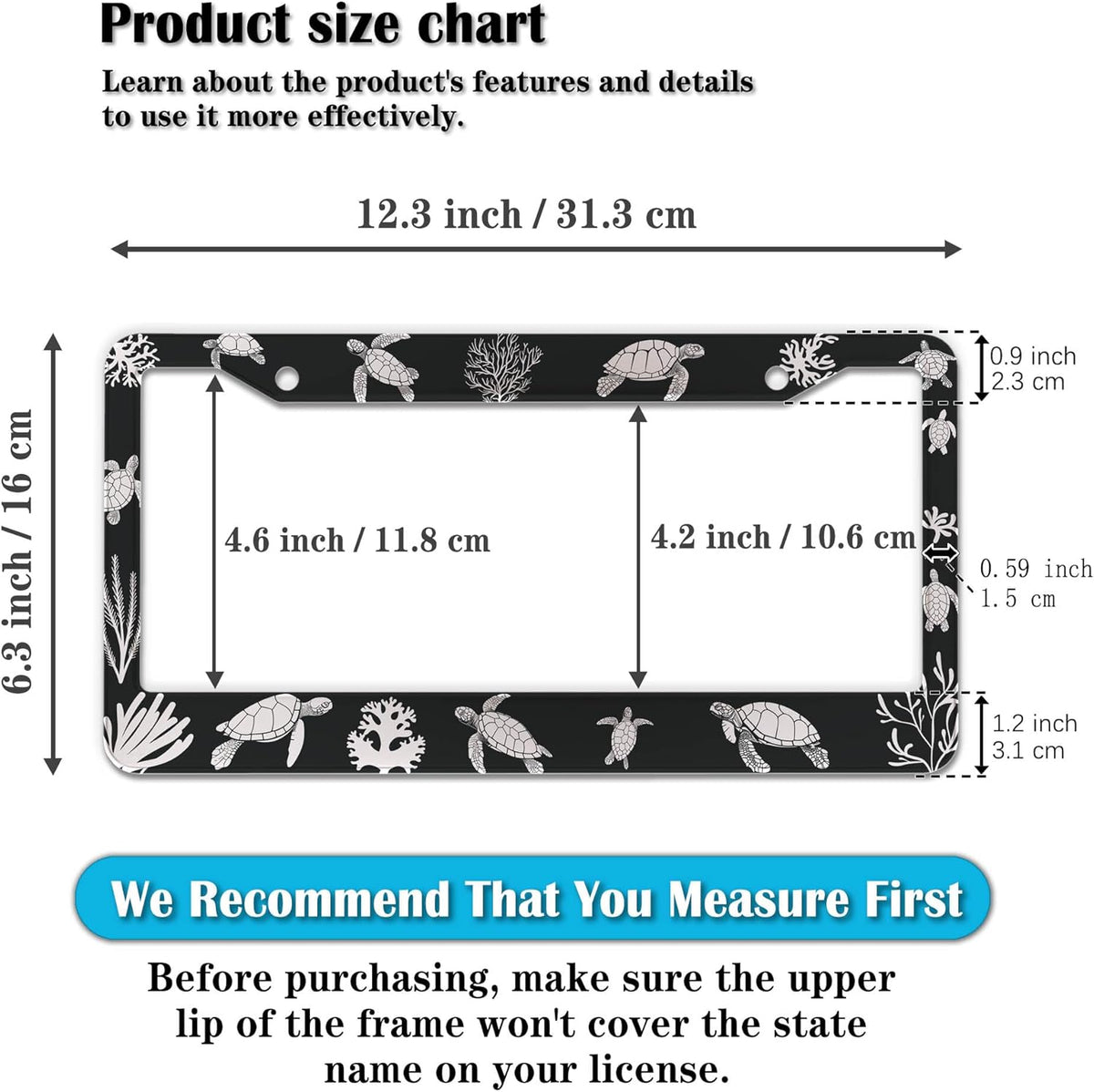 Automotive Exterior Accessories Black and White License Plate Frames Turtle Aluminum Metal Car Accessory 2 Pack with Screw Covers Set