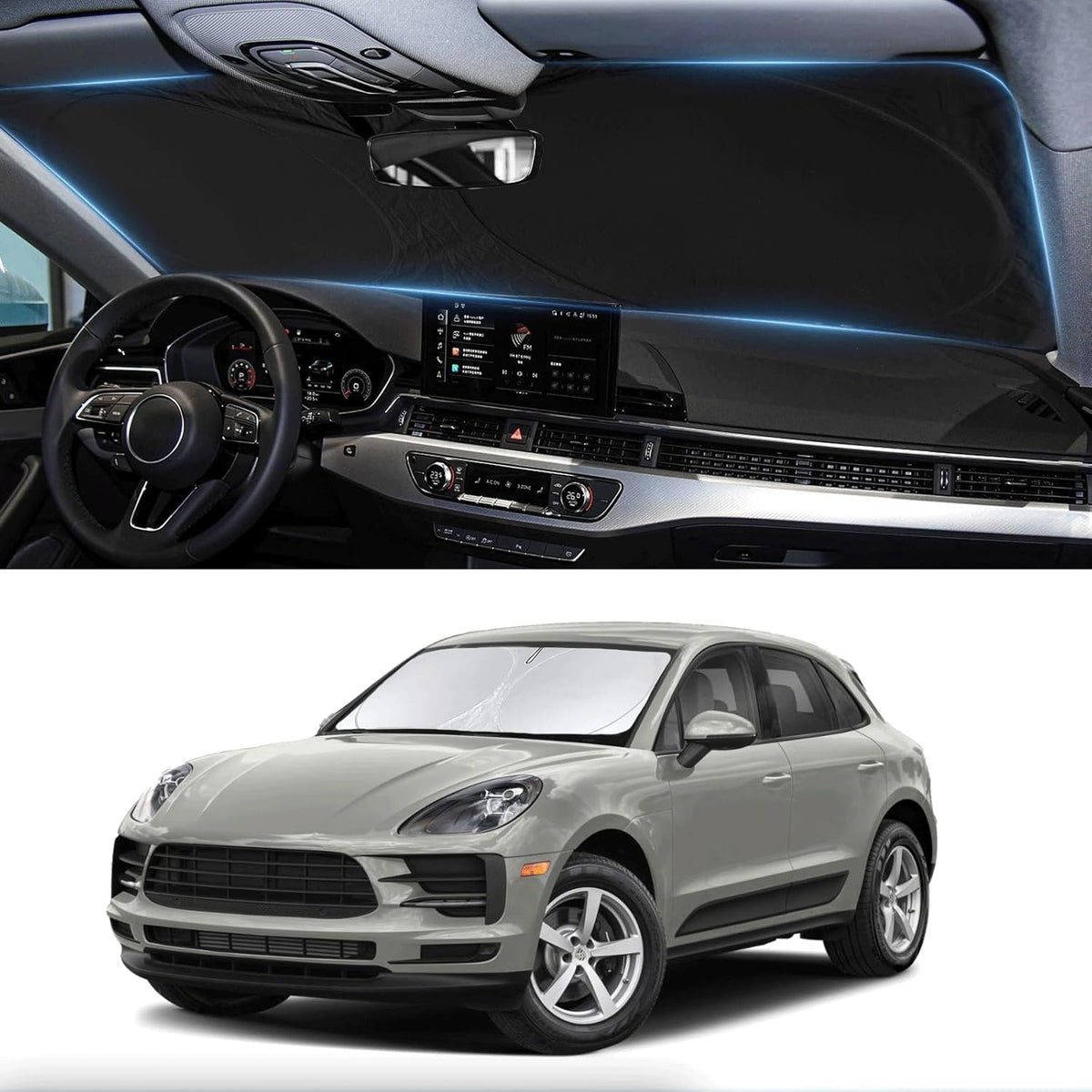 Custom Fit Macan Windshield Sunshade for 2026 2025-2014 Porsche Macan Accessories Front Window Sun Shades Shield Cover for Windshield Foldable 210T Sun Visor Protector Blocks UV Ray Keep Car Cooler