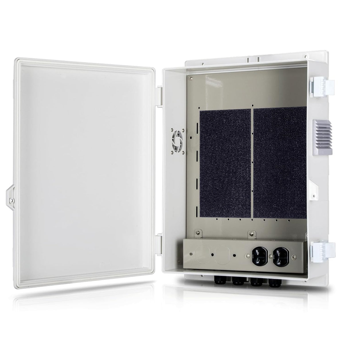 Outdoor Electrical Junction Box with High Power Outlet, ABS Water Resistant Enclosure with Internal Mounting Panel & Hinged Cover (16" H* 12" L* 4" W)