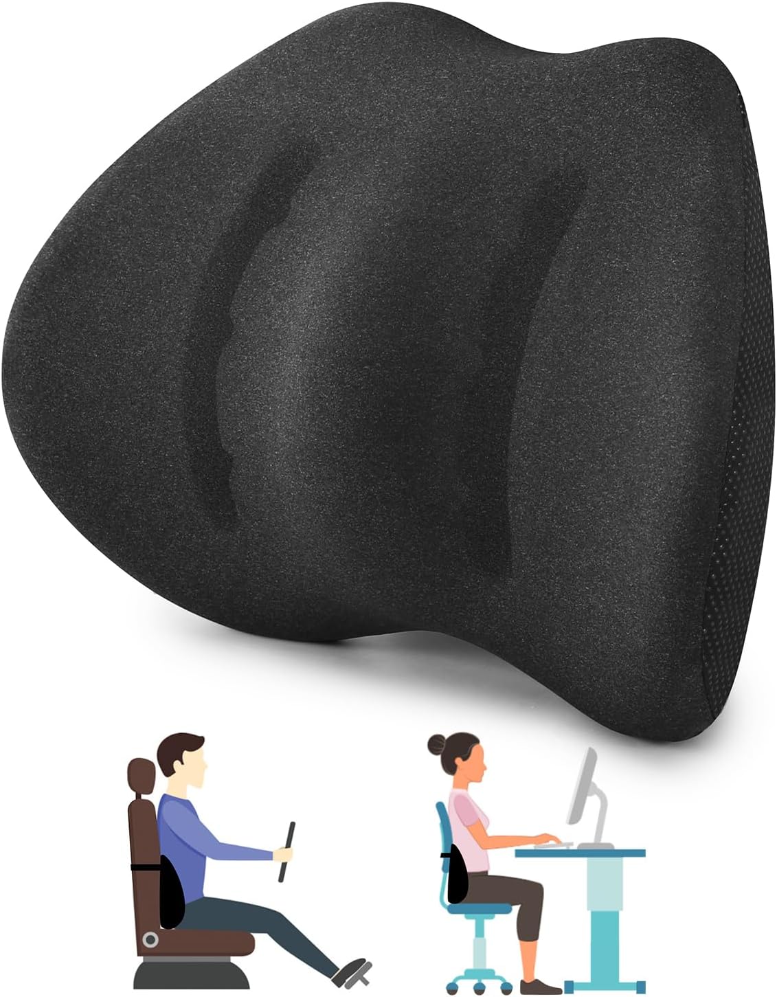 Memory Foam Lumbar Support Pillow for Car Seat & Office Chair - Orthopedic Lower Back Support for Lower Back Pain Relief, Posture Corrector with Breathable Airflow Channels