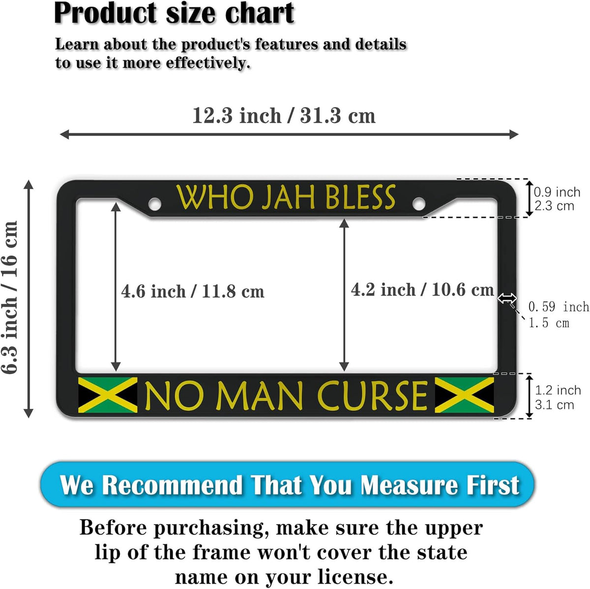 License Plate Holder Black, Yellow, Green License Plate Frames Who Jah Bless No Man Curse Aluminum Metal Car Accessory 2 Pack with Screw Covers Set