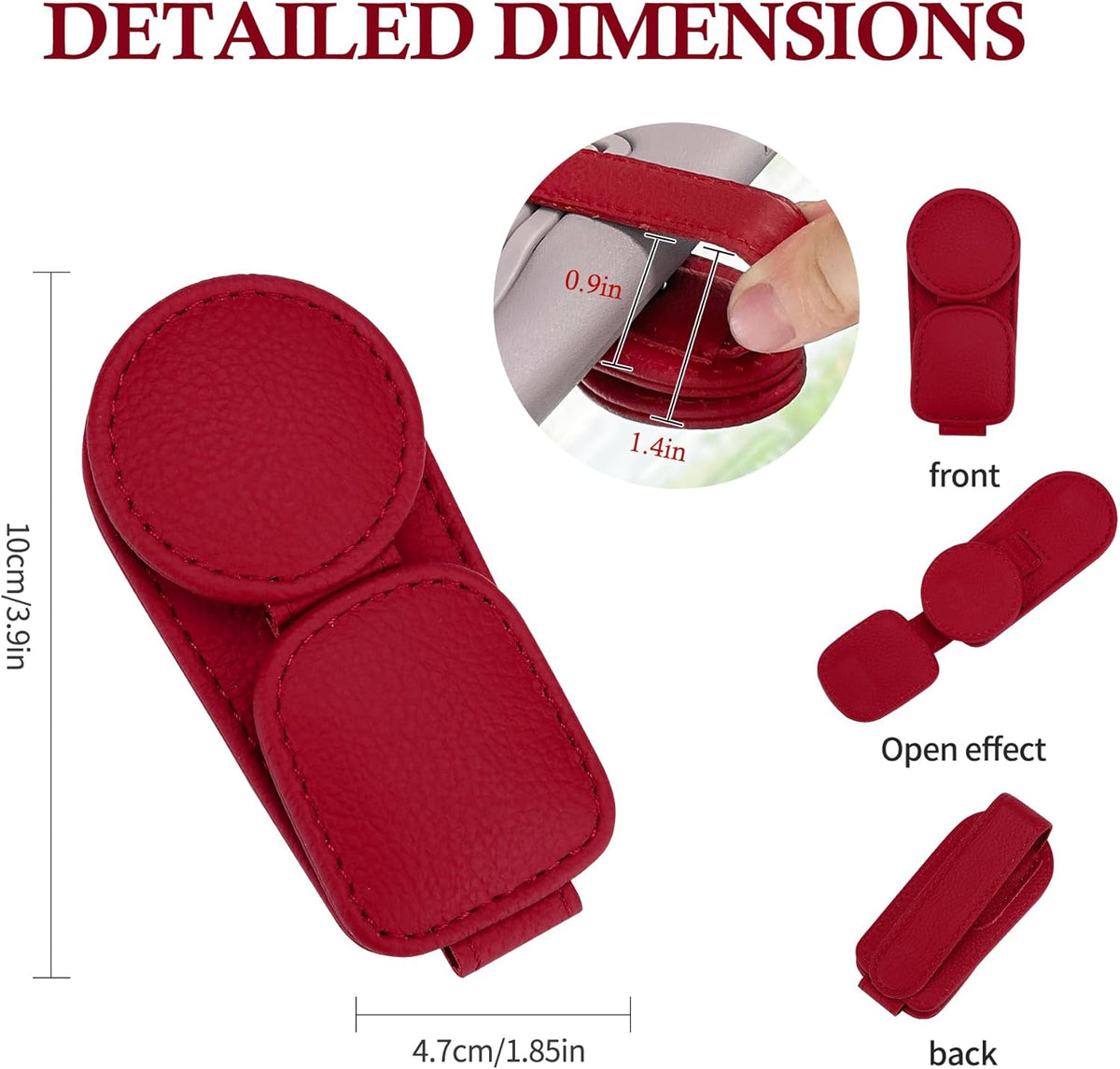 KIWEN Sunglasses Holder for Car Visor, Magnetic Leather Sunglass Eyeglass Hanger Clip for Car Sun Visor Accessories (1, Red)