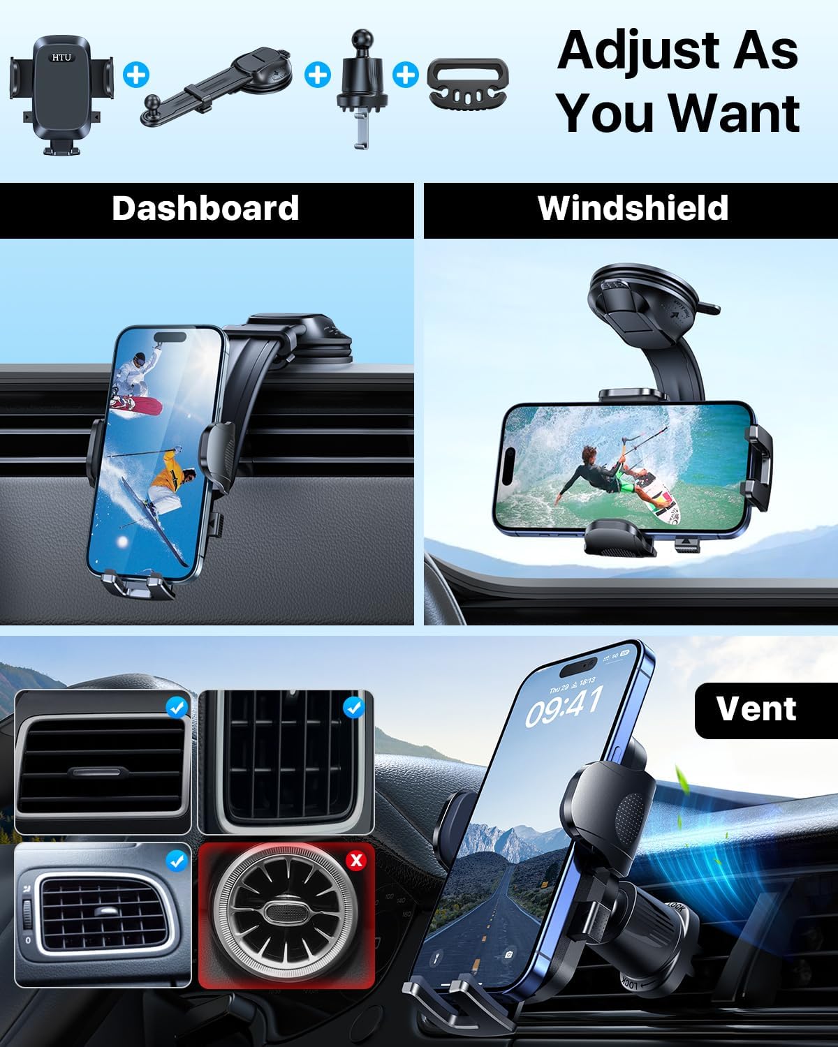HTU Upgraded Strongest Suction Car Phone Holder Bendable Arm, Never Block View Rotatable Cellphone Mount for Dashboard Windshield Vent, Cradle Stand for iPhone 16 15 14 13 12 Pro Max (Lndigo Blue)