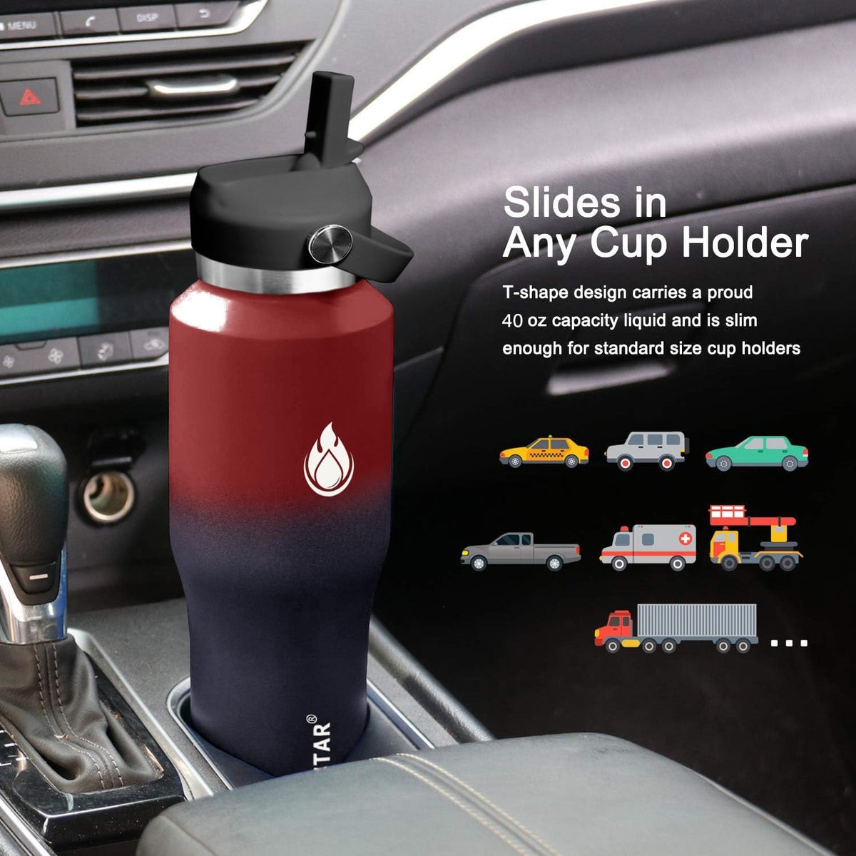 SENDESTAR 40oz Water Bottle Wide Mouth Stainless Steel Vacuum Insulated Double Wall with 2 Straw Lids Fit in Any Car Cup Holder