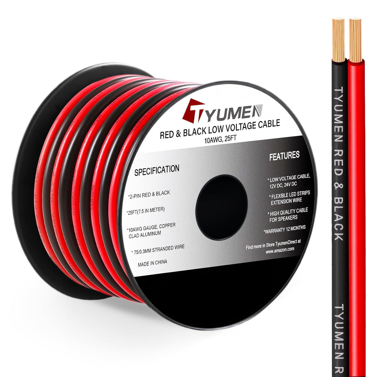 10 Gauge Wire 25FT, 10AWG Red Black Electrical Wire LED Strips Extension Cord 12V/24V DC Cable, 10 AWG 2 Conductors Flexible Low Voltage Wire for in-Home, Autos, Speaker use