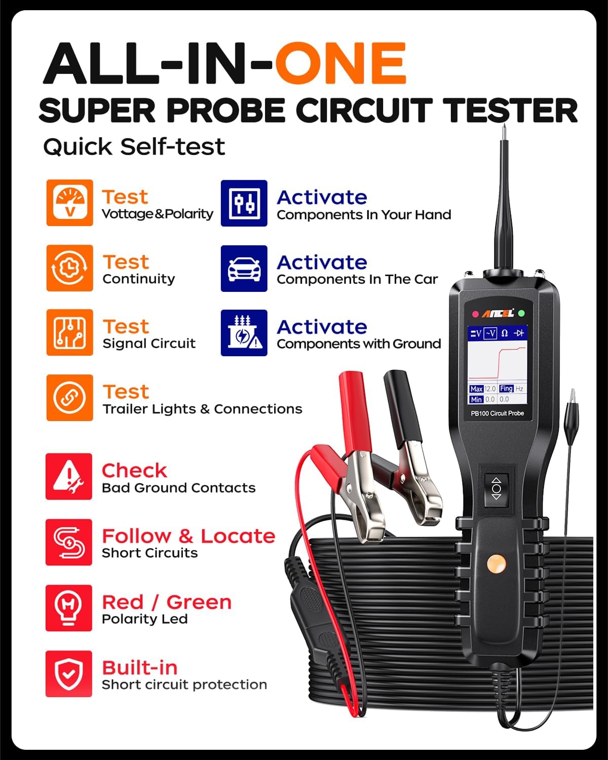 ANCEL PB100 Automotive Power Circuit Probe Tester, 12 24V Electrical Short/Open Breaker Finder, AC DC Diode Resistance Relay Tester, Continuity Test Digital Multimeter/Ohmmeters, 20 + 20FT Cable