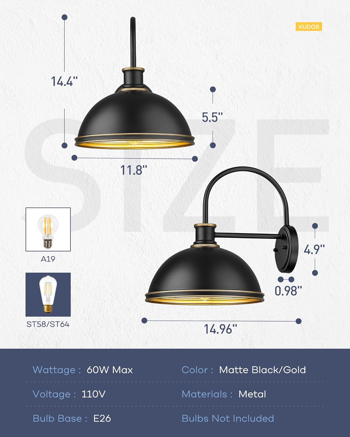 kudos Exterior Gooseneck Barn Light, Farmhouse Black Outdoor Wall Light, Rustic Industrial Wall Sconces for Porch Entryway Garage, 1 Pack, KDOWL03-BK-S