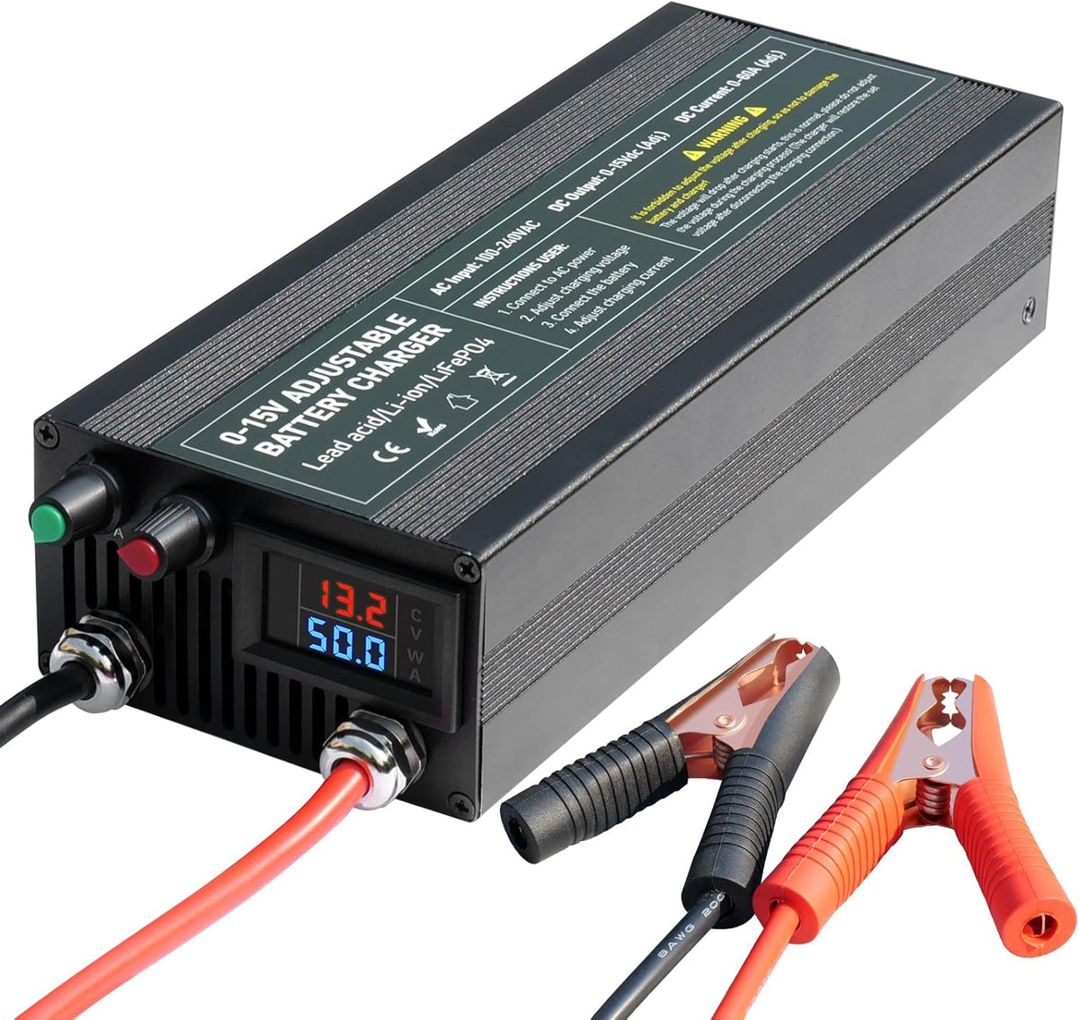C60A 12V High Power Lifepo4 Charger Smart Battery Charger Maintainer with 0-15V Adjustable Current and Voltage, 12.6V Portable Power Adapter for 14.6V LiFePO4 Lithium Iron Rechargeable Battery(60A)