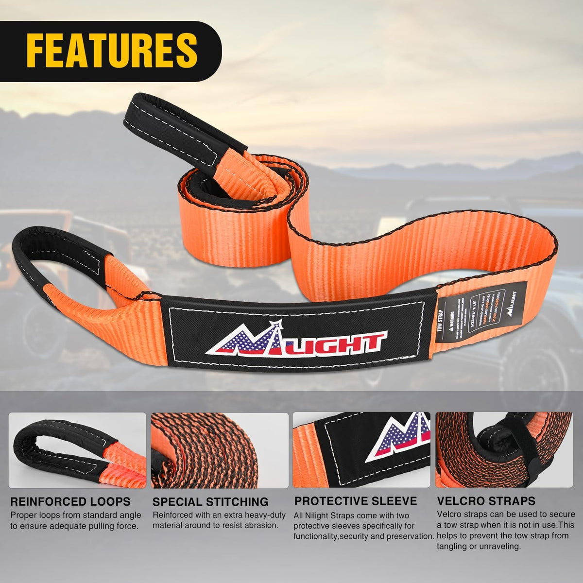 Nilight 3" x 8' Tree Saver Tow Strap Lab Tested 31,500lbs Break Strength Heavy Duty Off road Straps with Triple Reinforced Loop Emergency Towing Rope of Mind for SUV, UTV, ATV, Truck, 2 Years Warranty