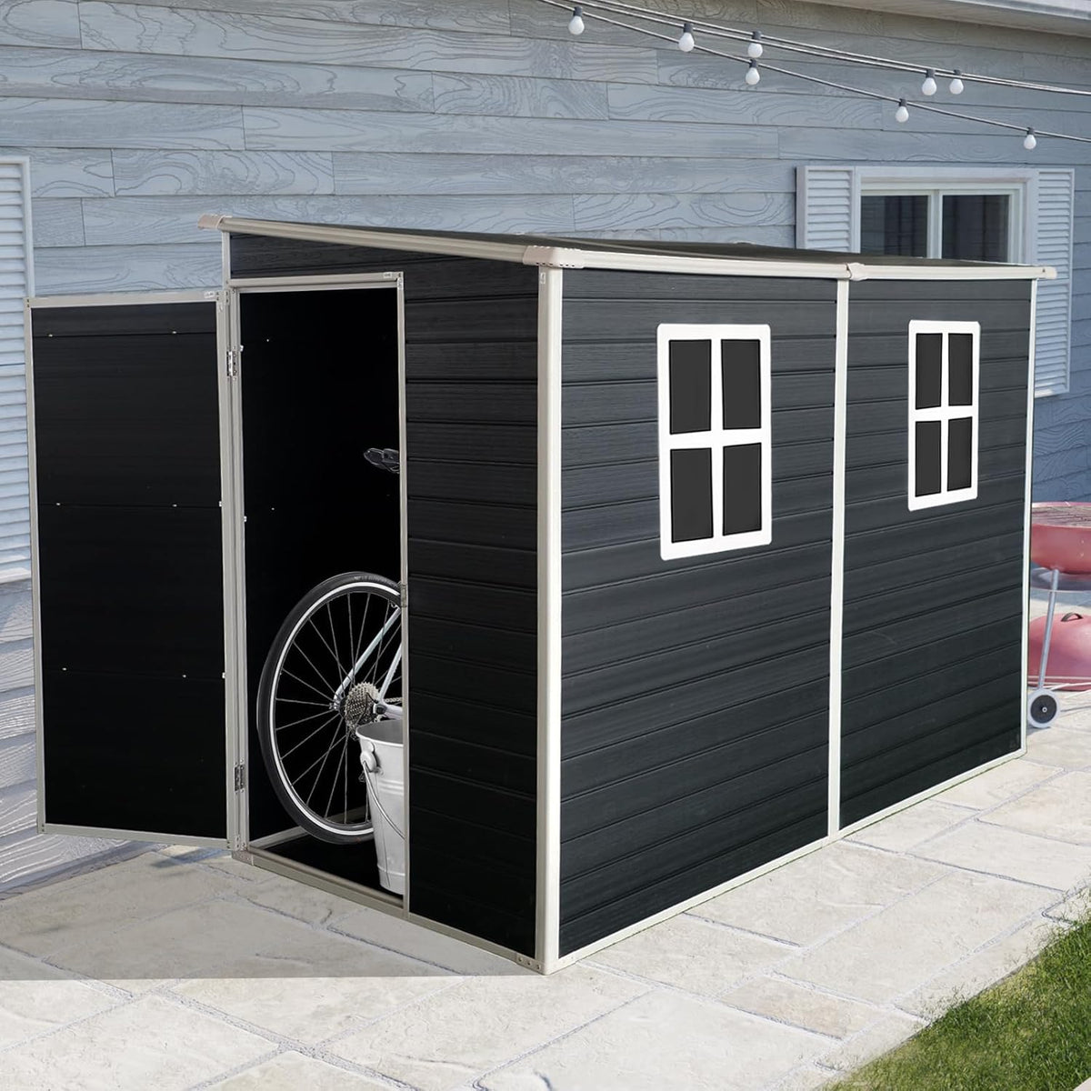 4x8 FT Outdoor Storage Resin Shed with Floor,Waterproof Plastic Garden Bike Shed with Lockable Door, Sloped Roof, Vents & Windows, Easy Assembly Tool Shed for Lawn, Backyard, Patio, Black
