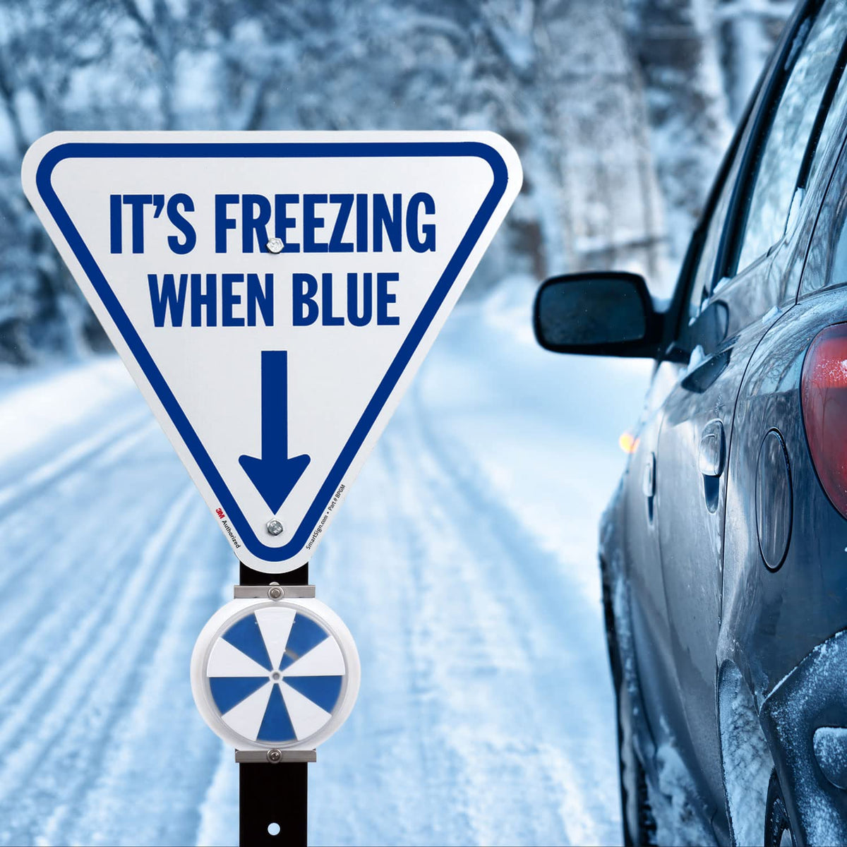 SmartSign It's Freezing When Blue Inverted Triangular Sign with Down Arrow - 18 inch, 80 mil Aluminum, 3M Laminated Engineer Grade Reflective Material, Blue and White, Made in USA