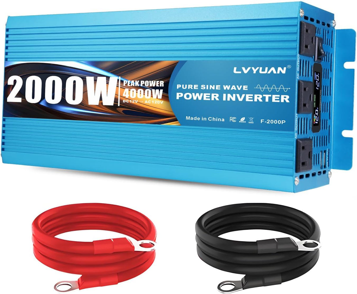 LVYUAN 2000 Watt Pure Sine Wave Inverter 12V to 110V 120V DC to AC with LCD Display, 3 U.S. Outlet, USB Charger Ports, Car Power Inverter for Vehicles, RV, Outdoor, Home