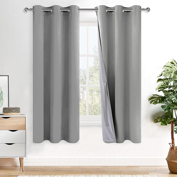 XWZO Full Shading Blackout Curtains with Tiebacks- Heat and Light Blocking Ring Top Window Drapes with Black Liner Backing for Bedroom/Kid's Room, Light Grey, W42 x L63, Set of 2 Panels