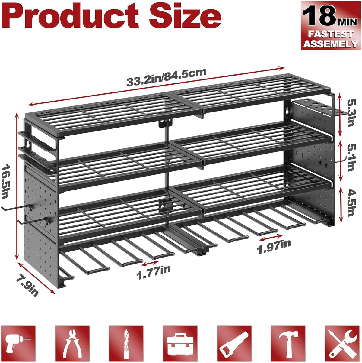 Power Tool Organizer Wall Mount, 4 Tier Tool Storage Rack with 8 Cordless Drill Holders, Heavy Duty Power Tool Shelf for Garage Organization Workshop