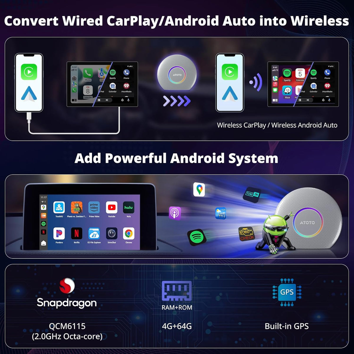 CB6 CarPlay AI Box & Android AI Box, Wireless CarPlay/AndroidAuto Adapter, Plug & Play CarWave Car Smart Box with AI DriveChat, GPS Track, Android 13, 2 BT, 4G LTE, 4G+64G, Silver