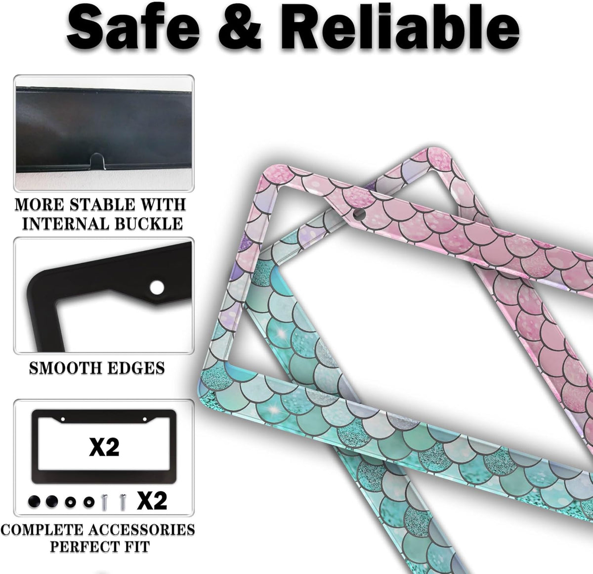 License Plate Frame Holder Pink License Plate Frames for Women Ombre Mermaid Scales Women Aluminum Metal Car Accessory 2 Pack with Screw Covers Set