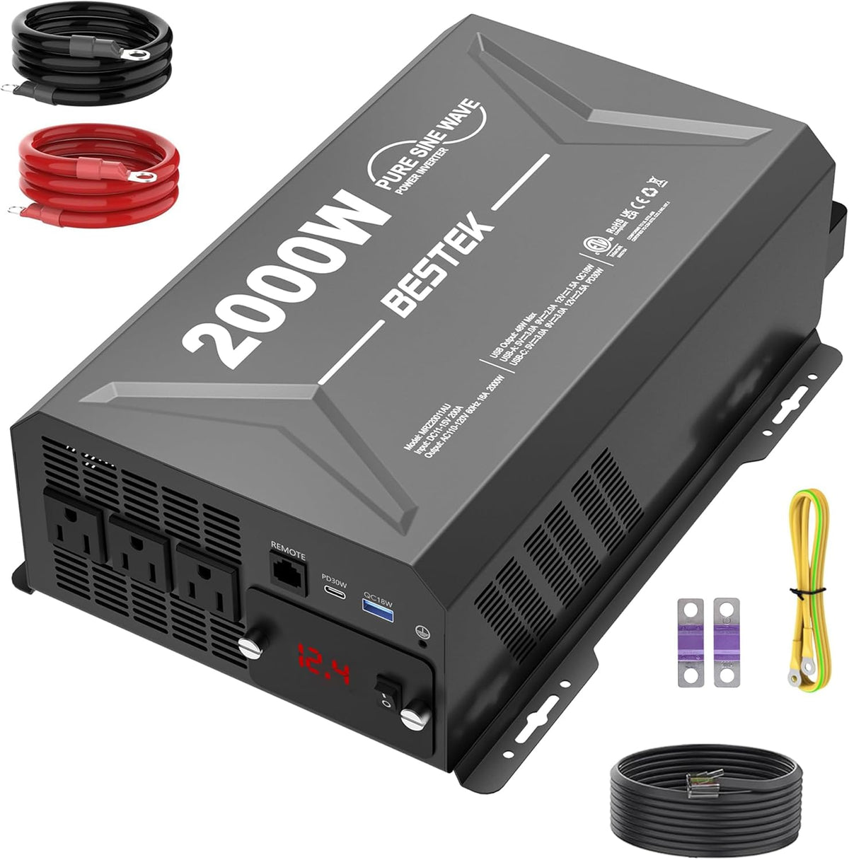 2000 Watt Pure Sine Wave Power Inverter, 12V DC to 110/120V AC Inverter with 3 AC Outlets, Remote, PD 3.0 USB Port, QC 18W, Remote Controller, LED Display,For RV Solar Systems,Semi Truck,Vehicles,Boat