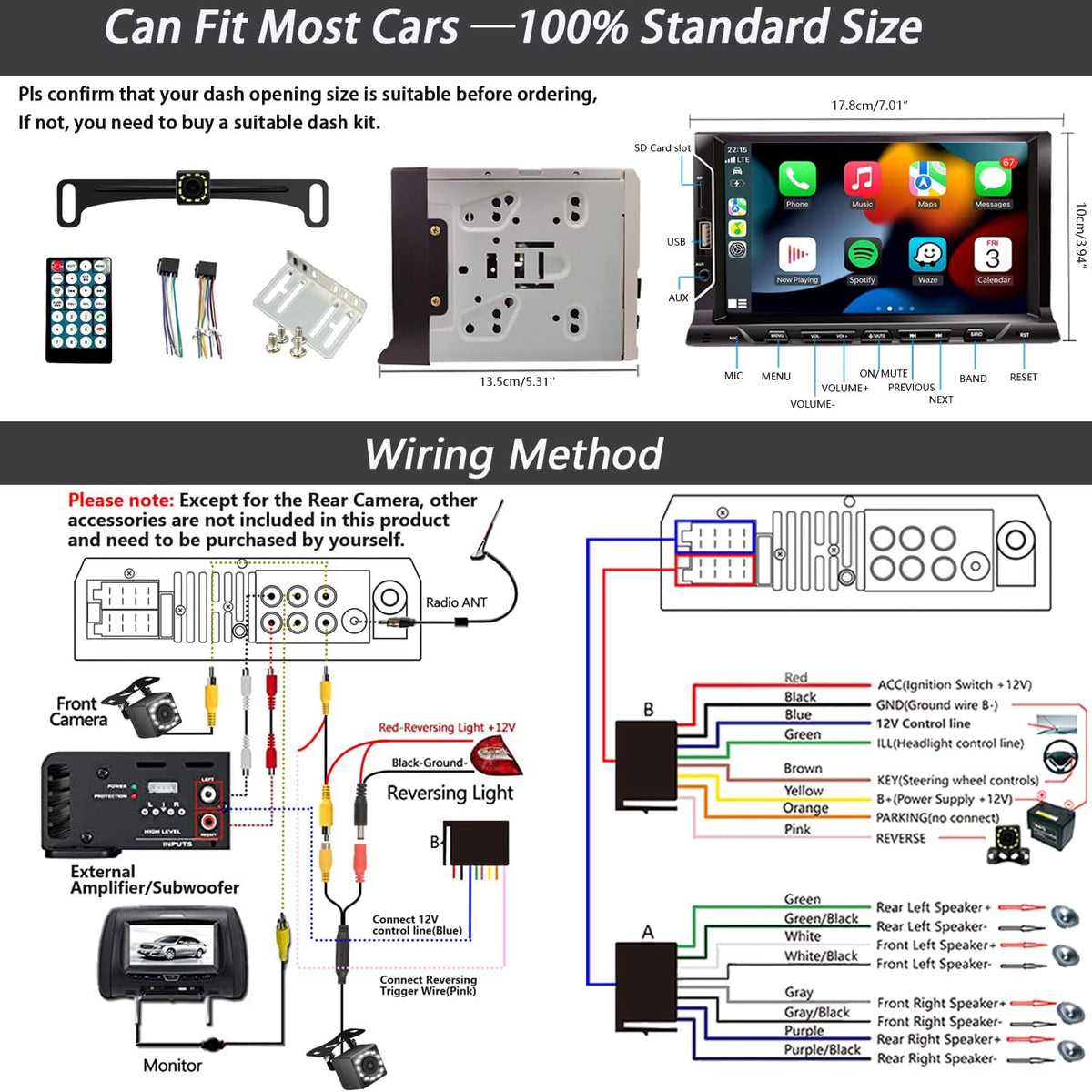 7 Inch Double Din Car Stereo Support Apple CarPlay Android Auto Mirror Link Capacitive Touchscreen Monitor Car Play Radio with Bluetooth 5.0, FM Radio, USB/TF/AUX Port, Backup Camera, Remote Control