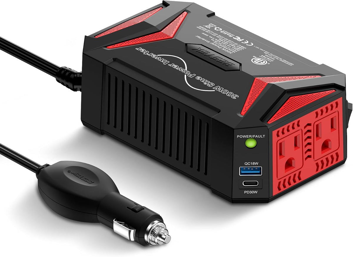 BESTEK 300Watt Pure Sine Wave Power Inverter [30W PD USB-C] Car Adapter DC 12V to AC 110V with QC3.0 USB Ports, Multi-Protection Car Charger Power Inverter for Vehicles