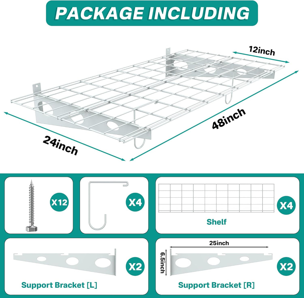EVERHANGER Wall Mounted Garage Shelves, 2 x 4 ft Metal Storage Shelves, Heavy Duty Wall Shelving with Hooks, Holds Up to 220 Lbs, White