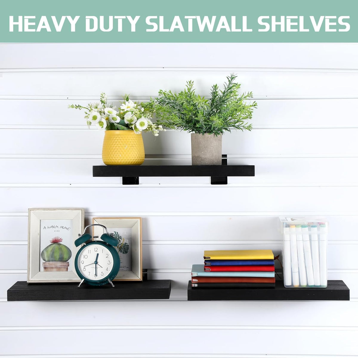 4 Pack Wooden Slatwall Shelf, 16.1" D x 6.7" W x 1.1" H Slatwall Shelves with Metal Hooks Organizer Set Mounted Accessories for Garage Home Workshop Workbench