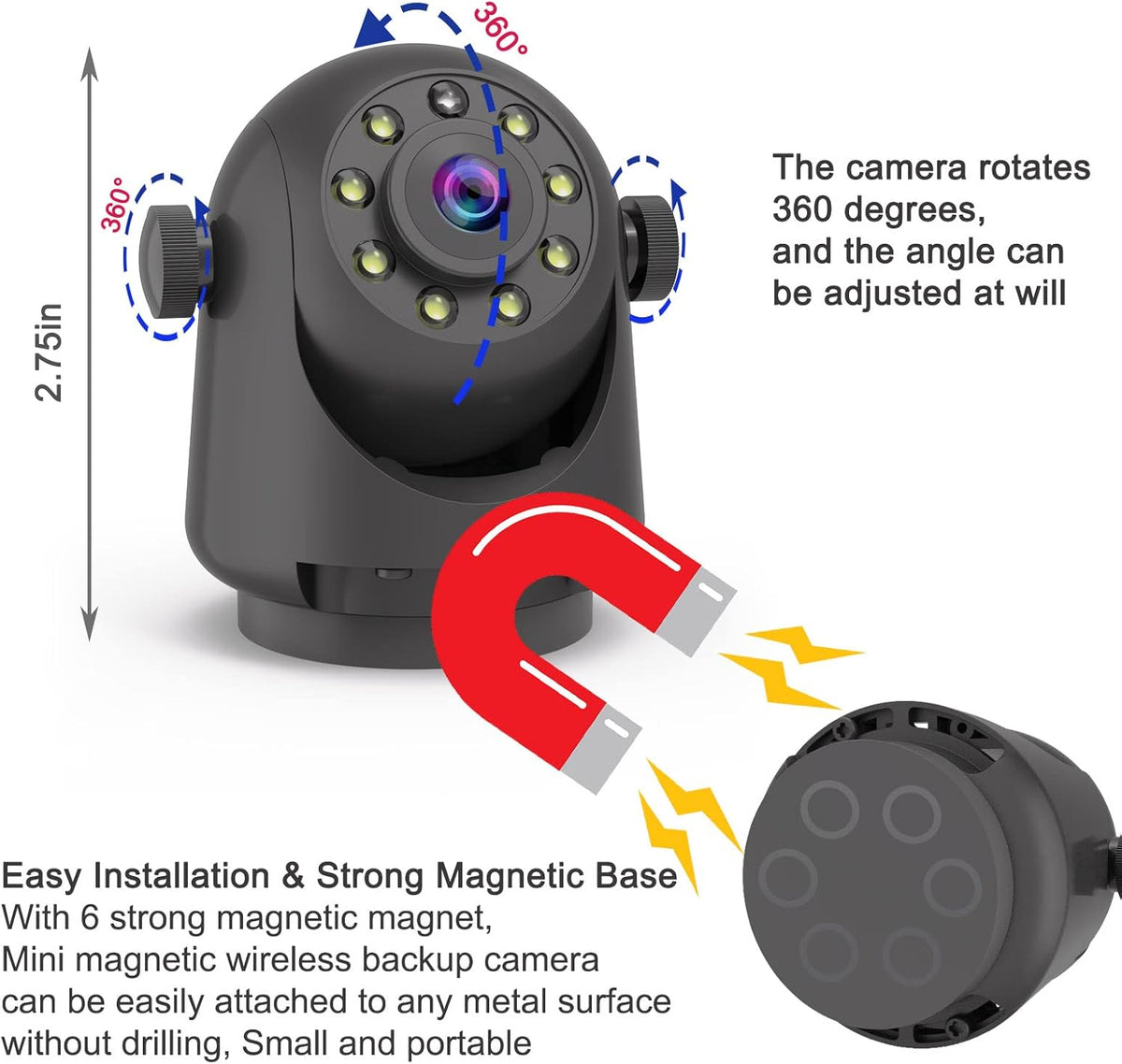 Wireless Magnetic Backup Camera for Trailers/RV/Camper - WiFi Rechargeable HD Night Vision, No Wiring/Drilling, Easy Hitch Alignment, Compatible with iPhone/Android/iPad (Gooseneck/Fifth Wheel)