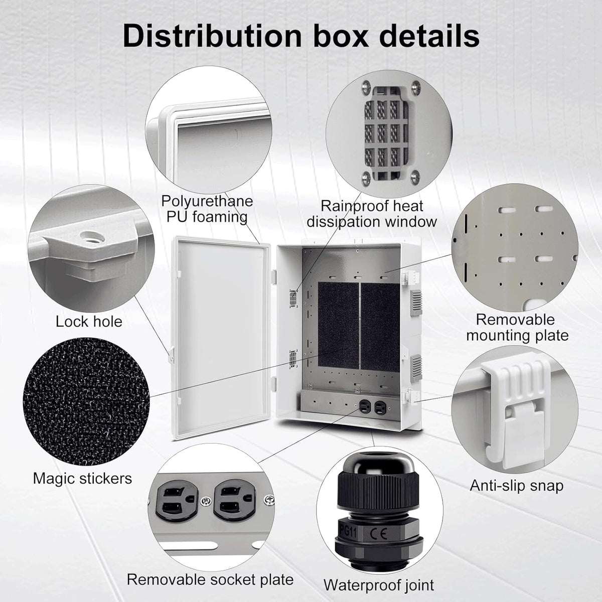 Outdoor Electrical Junction Box with High Power Outlet, ABS Water Resistant Enclosure with Internal Mounting Panel & Hinged Cover. (18.1" H* 12.6" L* 6.3" W & Outlet)