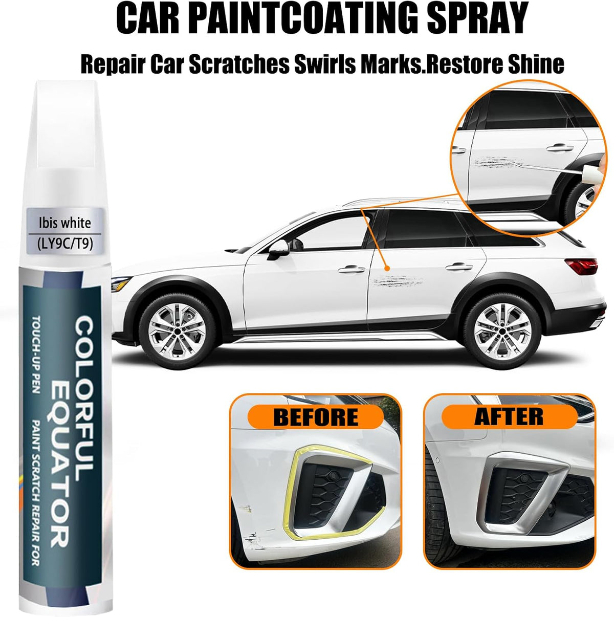 Ibis White(LY9C/T9) Touch Up Paint Compatible with Audi, Car Paint Pen Scratch Repair Two-In-One Touch Up Paint, Premium Car Scratch Remover for Deep Scratches