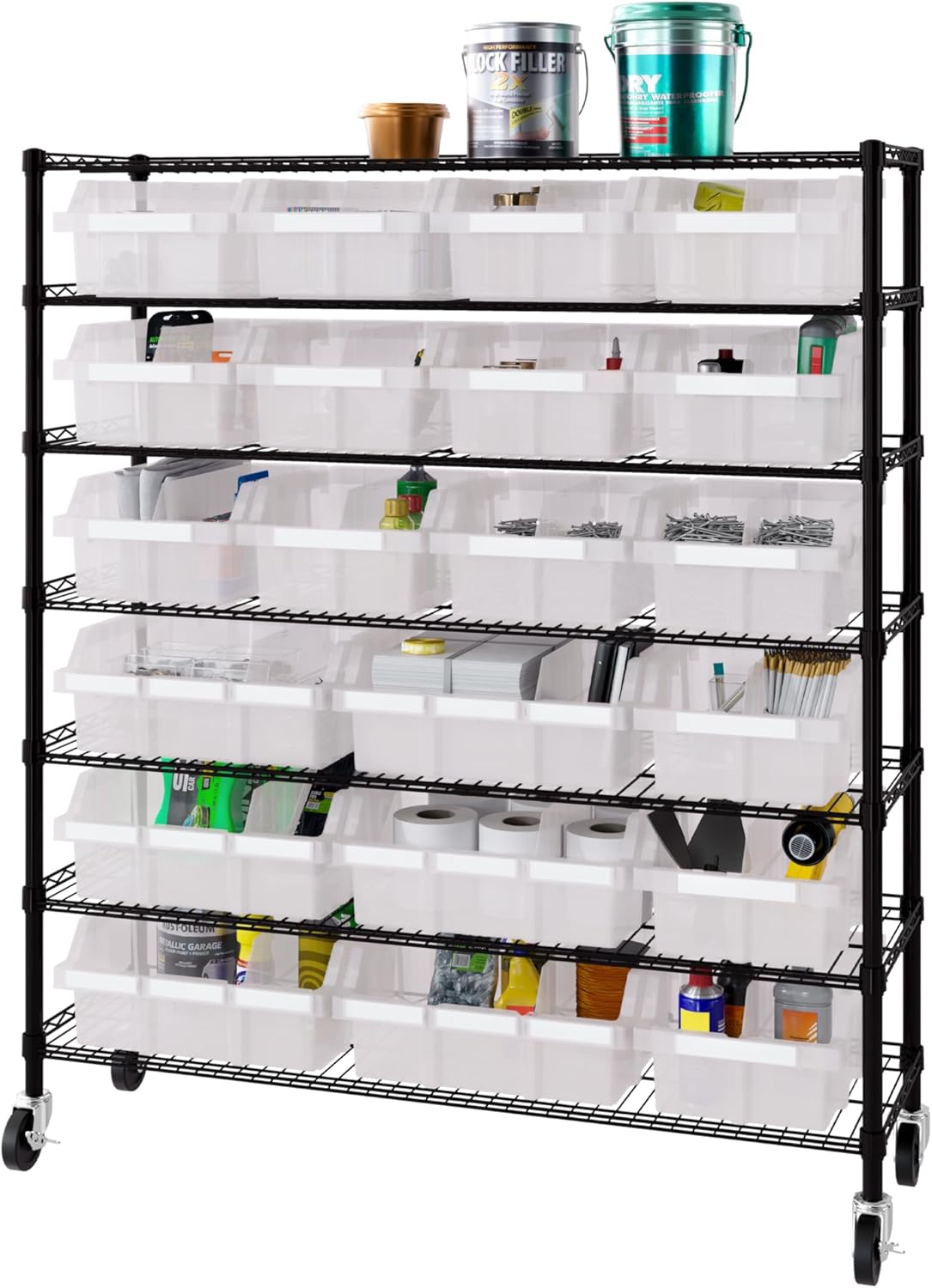 Seville Classics Heavy Duty NSF Bin Rack Solid Steel Wire Shelving Storage Unit, Patented Organizer for Garage, Warehouse, Office, Restaurant, Classroom, Kitchen, Translucent, Includes 21 Bins