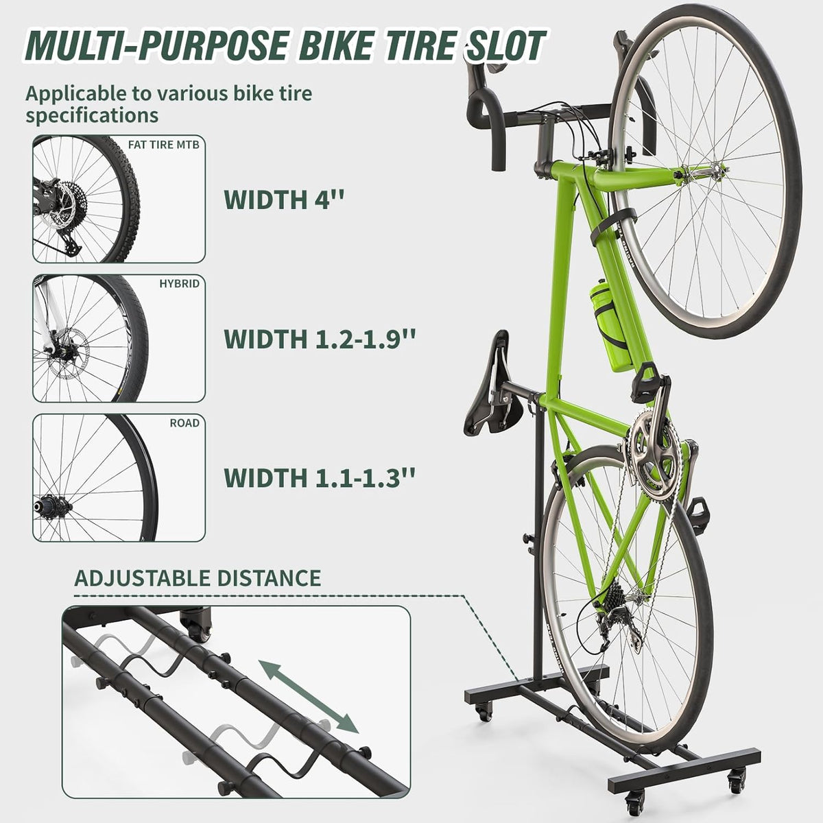 Vertical Bike Stand, Upright Bike Parking Rack Floor, Adjustable Bicycle Storage for Wheels Sizes up to 29", Freestanding Bicycle Organizer with Swivel Casters, Indoor Bike Holder for Garage Apartment