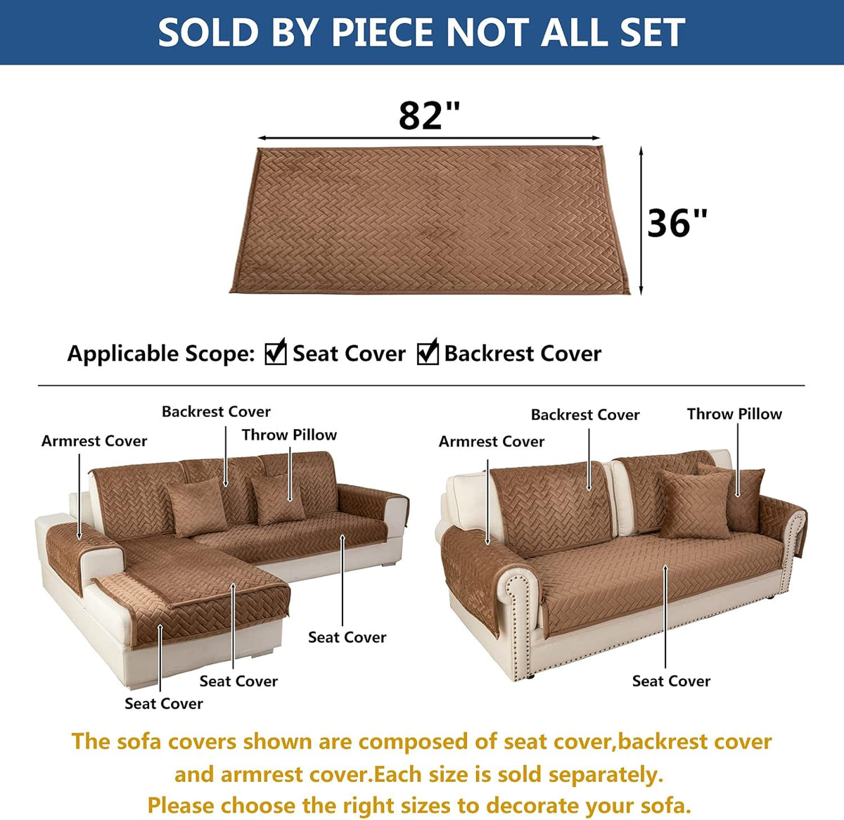 Eismodra Couch Cover,Sectional Couch Covers,Sofa Covers for 3 Cushion Couch,Anti-Slip Sofa Slipcovers for Dogs Cats Kids Loveseat Recliner L Shaped Armrest Backrest,Brown 36''x82''(Only 1 Piece)