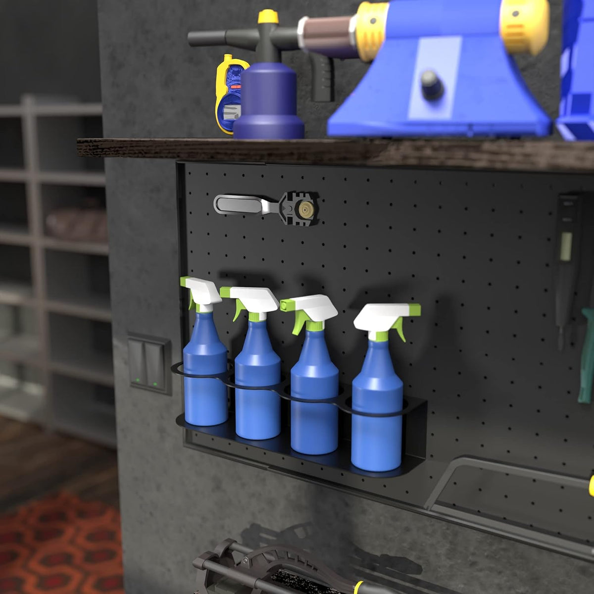 Koova 4 All-Purpose Spray Bottle Holder | Easy Install Wall Mount Hardware Included | Heavy-Duty Powder Coated Steel Storage Rack for Garage And Home | Craft Workspace Paint Bottle Organizer USA Made
