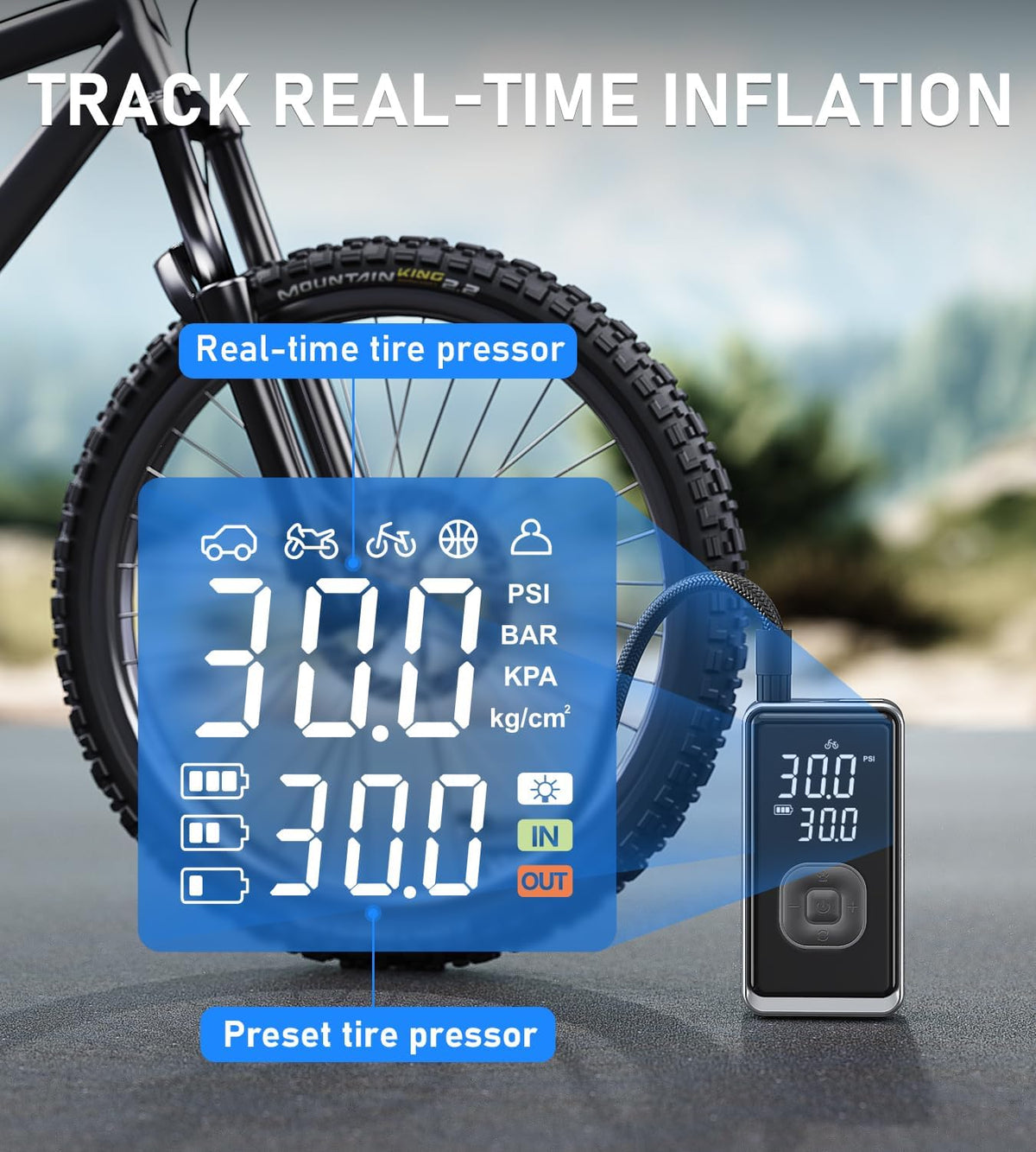 Tire Inflator Portable Air Compressor, 150PSI Cordless Mini Air Pump with Digital Pressure, Bike Pump, 3X Fast Inflation Tire Inflator for Car, Motorcycle, Bike, Ball-LED Light and Auto Shut-Off