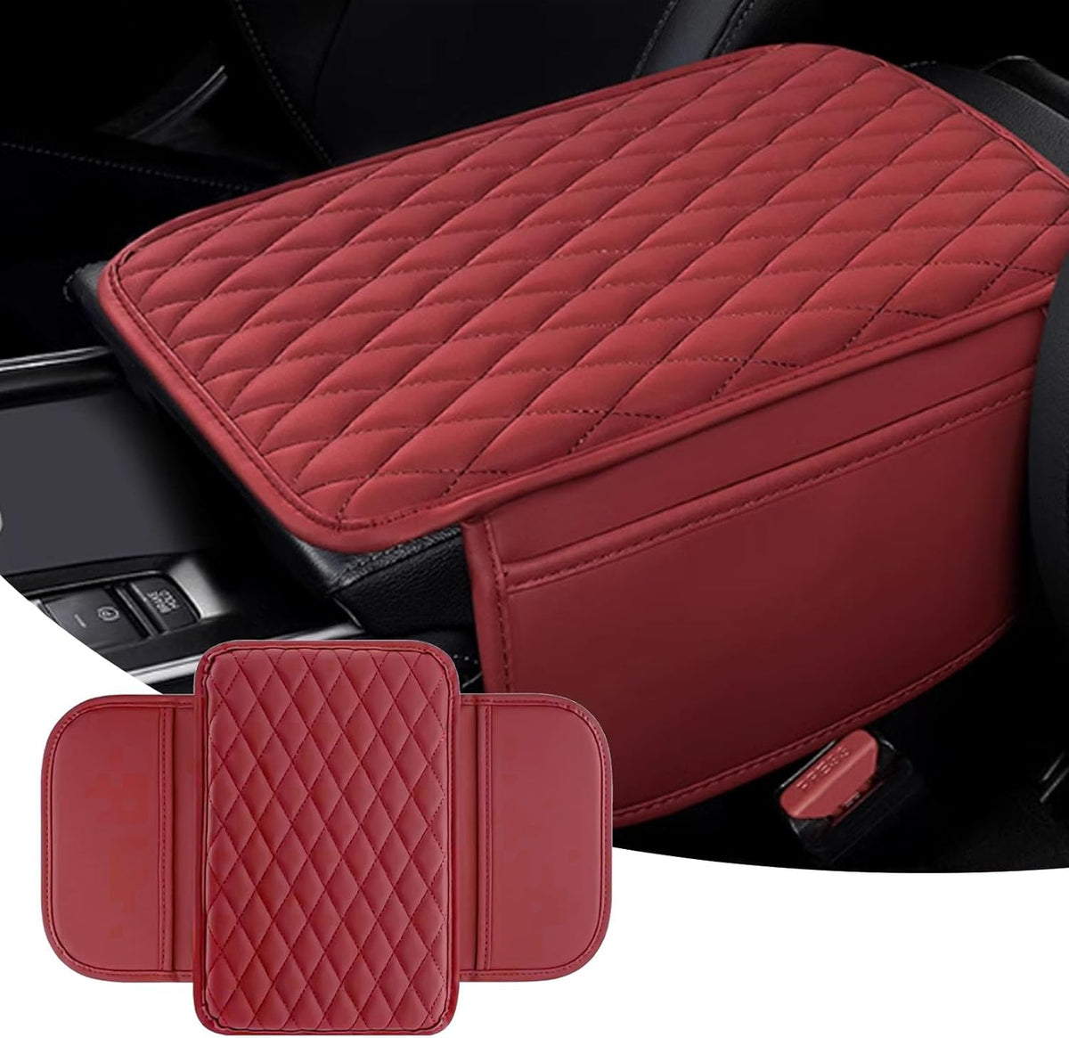 Car Center Console Cover, Upgraded Leather Arm Rest Cover for Car SUV, Car Middle Armrest Console Cover with 2 Storage Bags Scratch Resistant Waterproof Universal Car Accessories (Red)