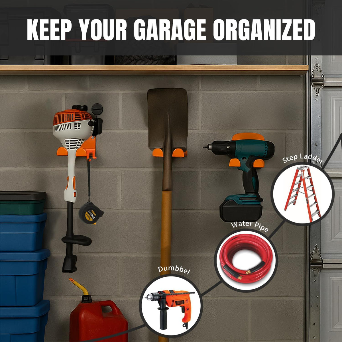 Weed Eater Hanger with Extra Hook for Harness Strap & Accessories, Heavy Duty Trimmer Rack, Wall Mount Garage Storage & Shed Organizer for Grass Trimmer, Hedge Trimmer, Leaf Blower,Multi-Purpose-1Pack