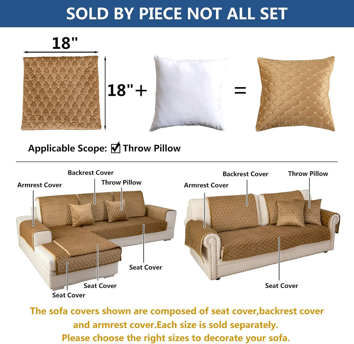 Eismodra Throw Pillows,Couch Cover,Sofa Cover,Sectional Couch Covers for 3 Cushion Couch,Sofa Slipcovers for Dogs Cats Pet Loveseat Recliner Leather L Shaped,Coffee 18 x 18 Inches (Only 1 Piece)