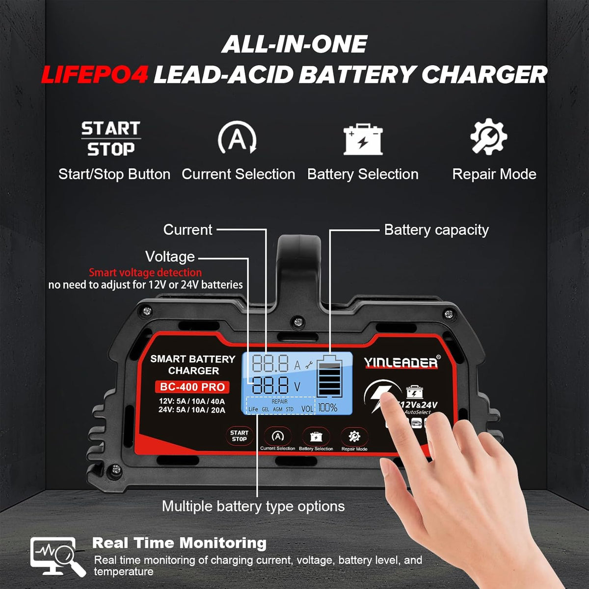 Battery Charger 40A, 12V/24V Lead Acid Smart Battery Charger, 12V LiFePO4 Car Battery Trickle Charger, Automatic Battery Maintainer for Car Motorcycle Lawn Mower Marine Boat Lead Acid Batteries