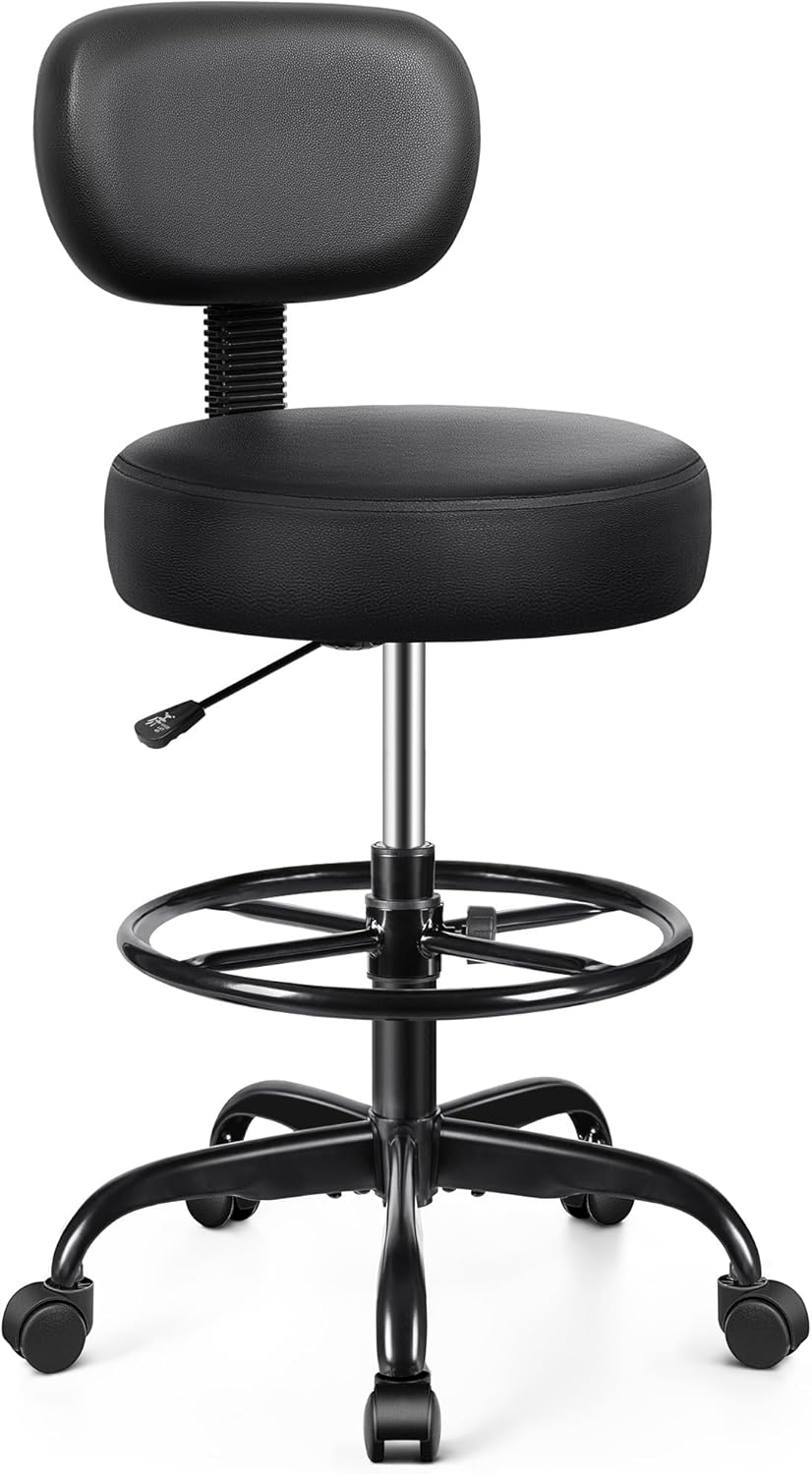 Drafting Chair with Backrest – Adjustable Foot Rest Rolling Stool with Wheels, PU Leather Swivel Stool for Office Spa Studio Lab Counter Salon Home Work Bar Kitchen Shop(Black)