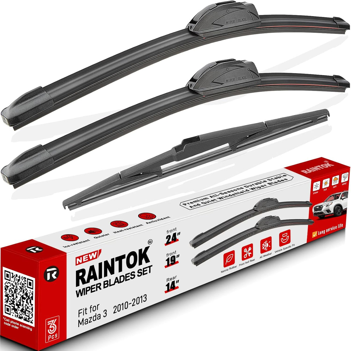 Windshield Wiper Blades Replacement for Mazda 3 2010 2011 2012 2013 Original Factory Quality Front Rear Wipers Blade Set for My Car - 24" 19" 14" (Pack of 3)