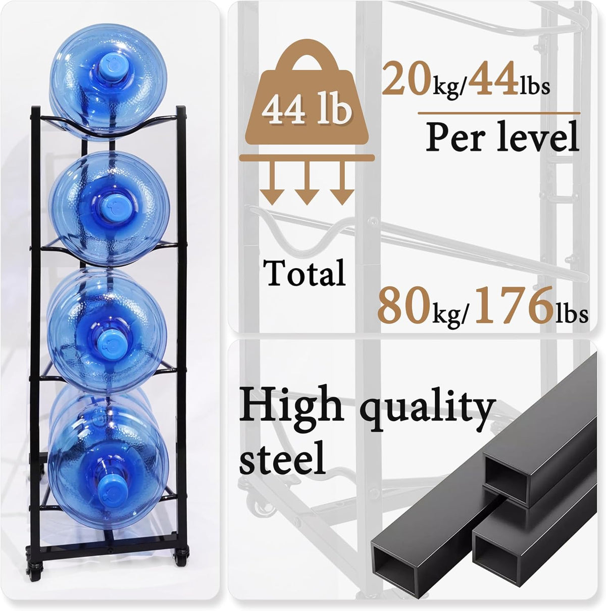5 Gallon Water Bottle Holder, 4-Tier Heavy Duty Water Cooler Jug Rack, Water Jug Stand with 4 Wheels, Water Jug Rack for Kitchen, Garages - Black