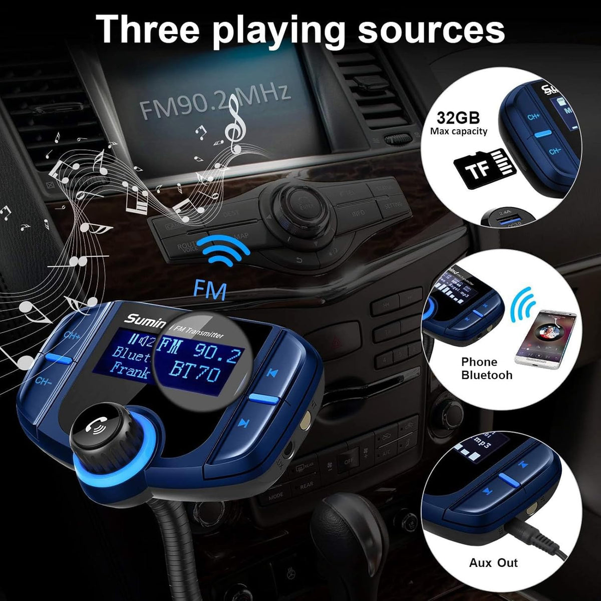 Upgraded Bluetooth FM Transmitter, Wireless Radio Adapter Hands Free Car Kit with 1.7'' Display, QC3.0 and Smart 2.4Amp Dual USB Ports, AUX Input/Output, TF Card Mp3 Player (PD, Blue)