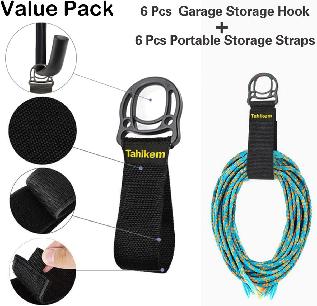 6 Set Garage Wall Mounts, 9 Large Wall J Hooks, Black - Heavy Duty Extension Cord Hangers for Ladders, Mowers, Cables