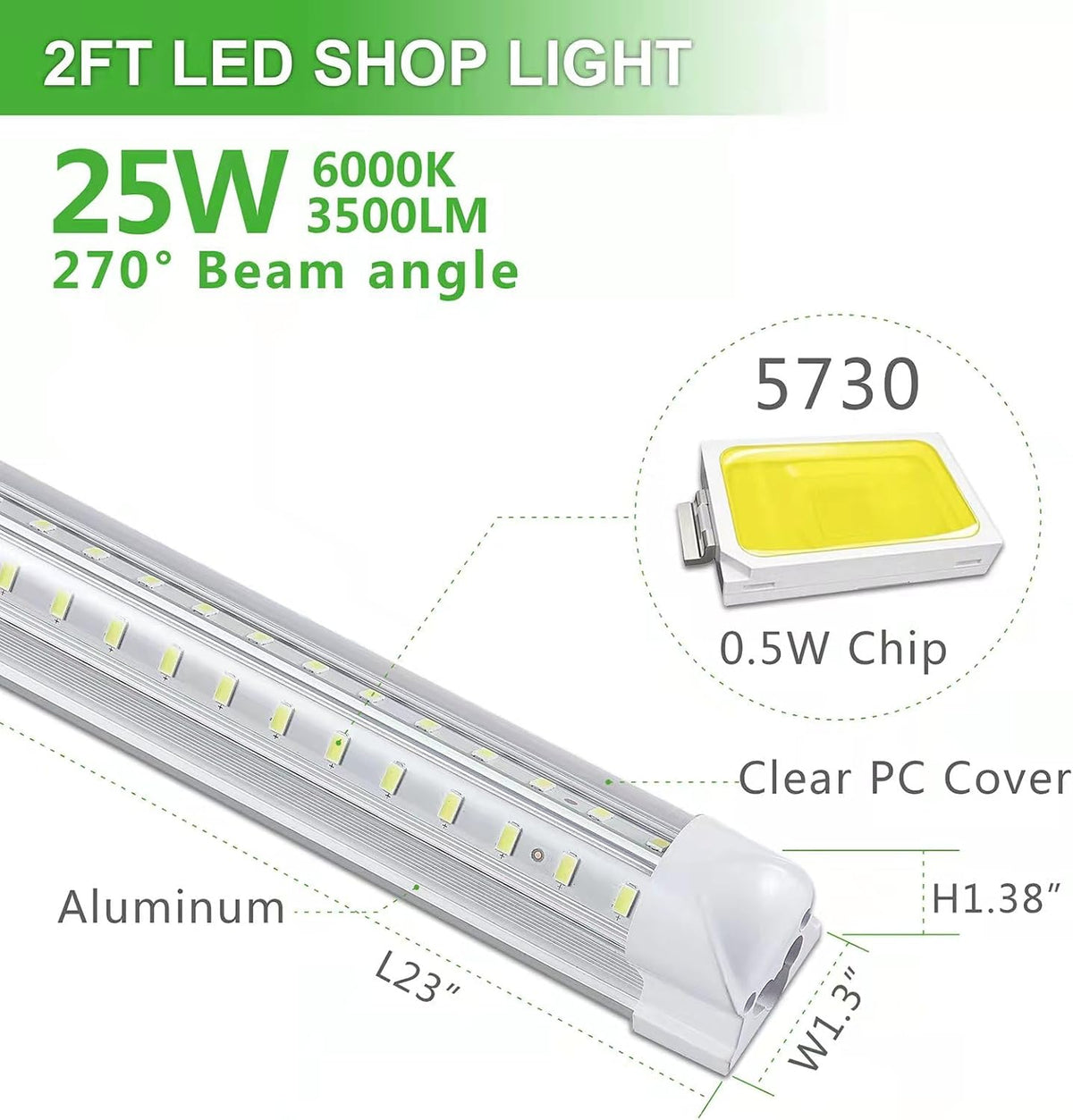 2FT LED Shop Light, 25W 3500LM 6000K/White Super Bright, T8 Integrated LED Tube Light Fixture,Plug and Play, Linkable LED Shop Lights for Room, Garage, Workbench, Under Cabinet (2 Pack)