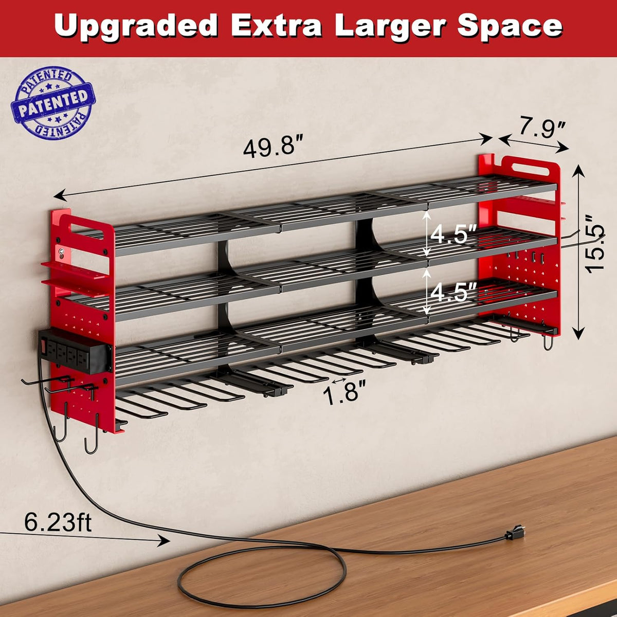 12 Cordless Drill Holder Large Power Tool Organizer Wall Mount with Side Pegboard & Screwdriver Holder, 4-Tier Heavy Duty Metal Tool Storage Rack with 4-Outlet Power Strip