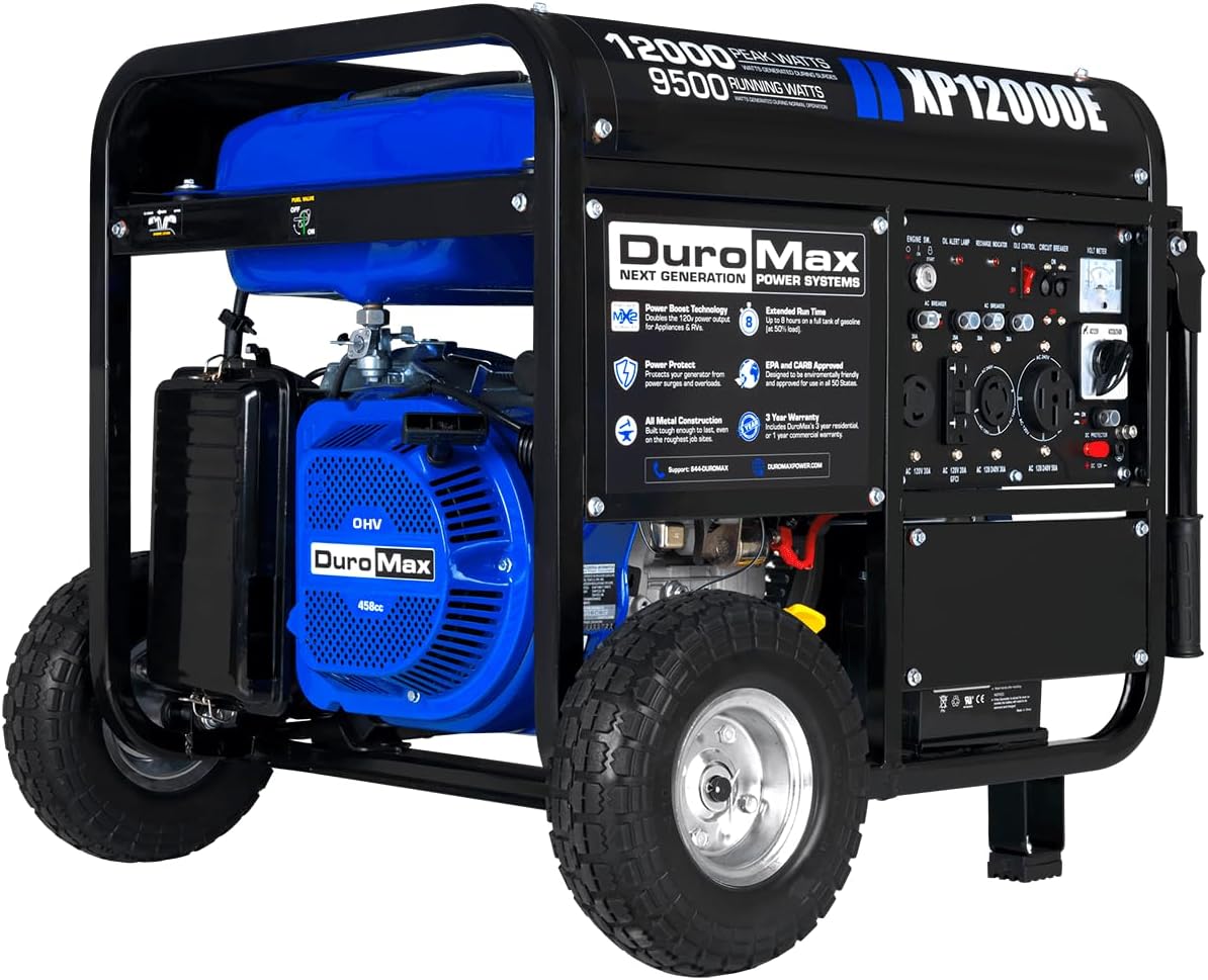 DuroMax Gas Powered Portable 12000 Watt-Electric Start-Home Back Up & RV Ready, 50 State Approved Generator, Blue, Black