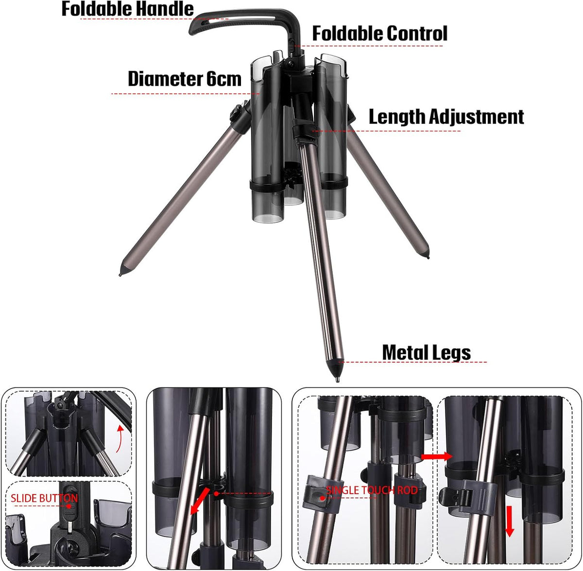 Gisafai Fishing Rod Carrier Foldable Pole Holder Stand 3 Rod Portable Surf Fishing Holder Vertical Beach Pole Storage Freestanding Rack for Garage, Home, Outdoor